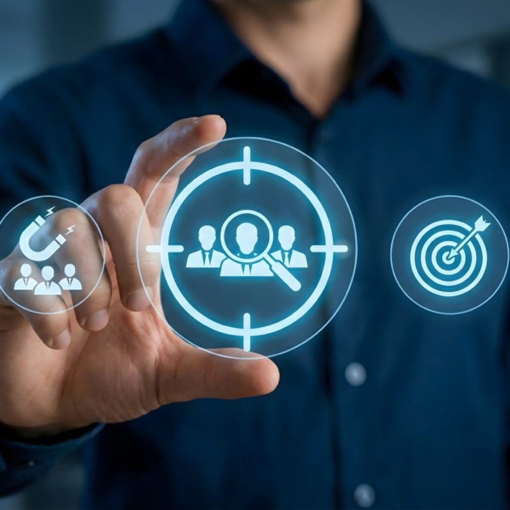 Businessman touching a virtual target icon with people inside on a digital screen,illustrating specific audience selection and customer segmentation,concept of recruitment focus.
